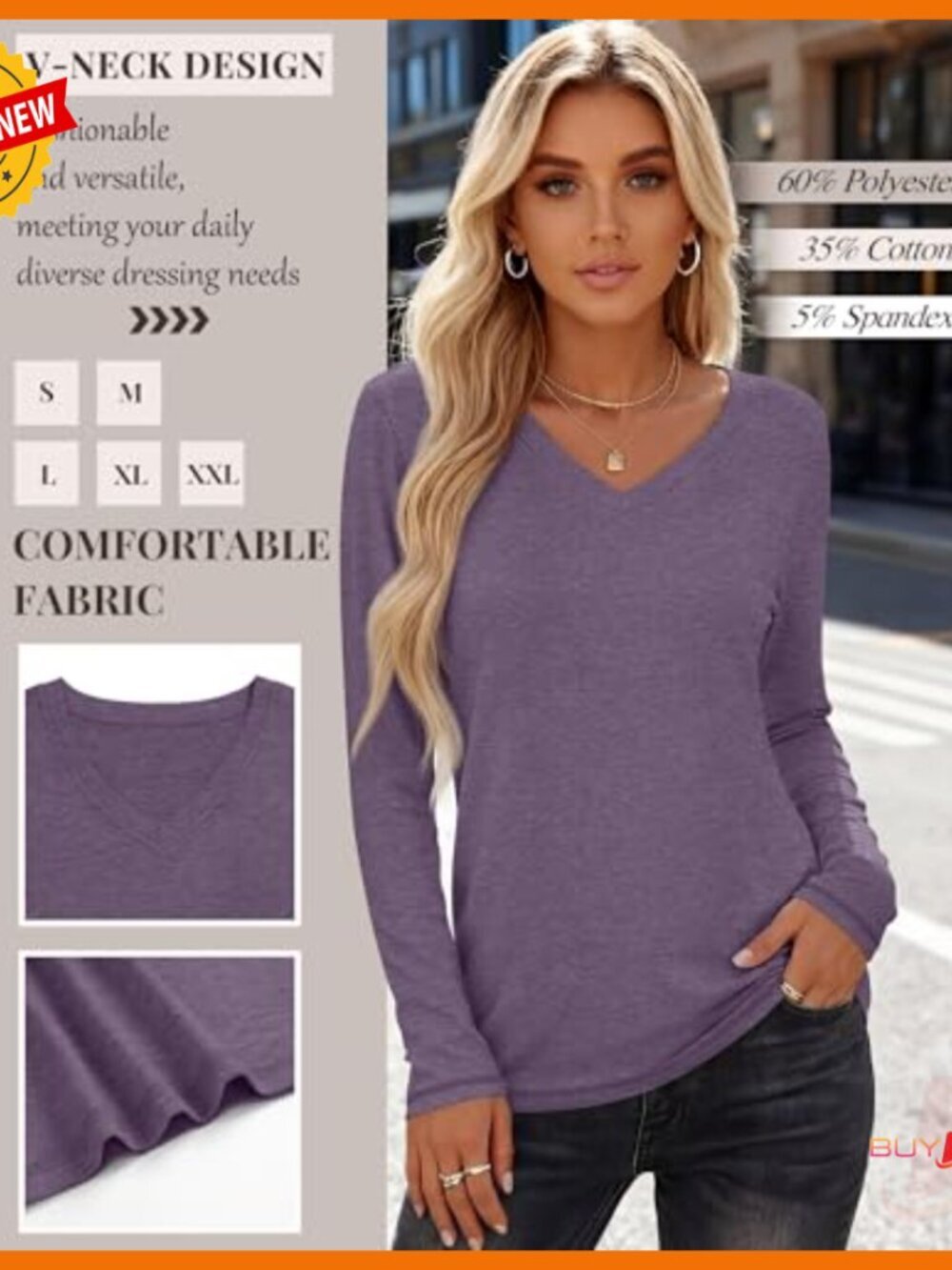 5 Pack Women's Long Sleeve V-Neck Tees, Loose Fit Basic Tops, Polyester Cotton - Picture 4 of 7